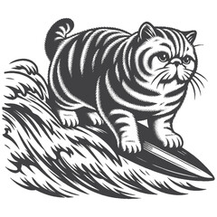Vintage Hand-Drawn Exotic Shorthair Surfing On Wave Illustration – Adventurous Cat Engraved Style Vector for T-Shirts, Posters, Stickers, and Coastal Feline Theme Apparel