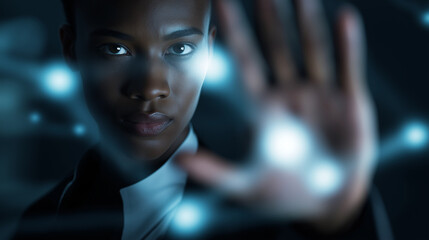 Businessman using futuristic biometric interface with glowing digital hand scan.
