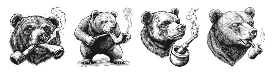 Vintage Bear Illustrations with Pipes and Smoke Effects, vector illustration, engraving design, logo design set, black and white line
