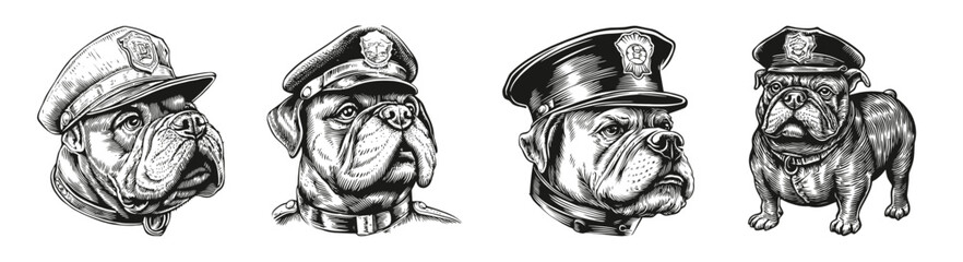 Detailed Sketches of Bulldog Characters in Police Uniforms, vector illustration, engraving design, logo design set, black and white line