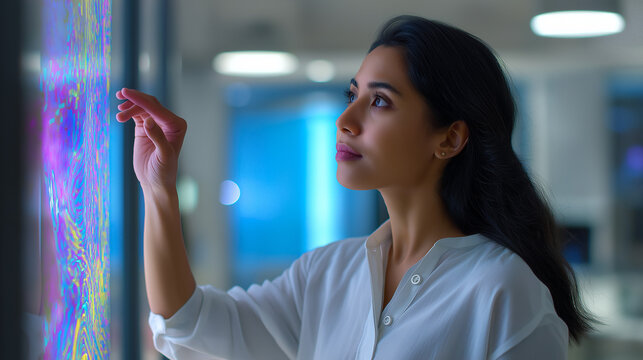 Young female scientist interacting with digital holographic display of cells in a lab environment.
