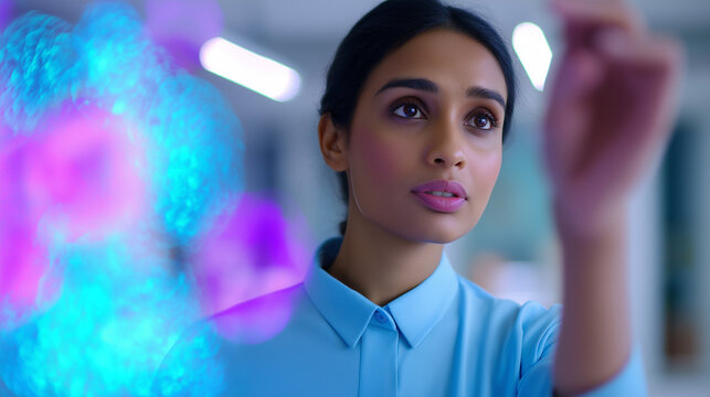 Young female scientist interacting with digital holographic display of cells in a lab environment.