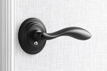 A close up of a black door handle against a white textured wall with white door frame detail