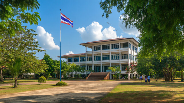 Thai School Building in the countryside rural area, nature, trees, peaceful, students, teacher south east asia