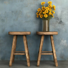 Rustic Wooden Stools and Yellow Flowers 3D Render