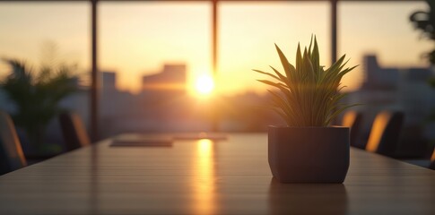 Serene workspace plant during sunset for motivational and inspirational vibes