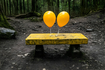 Yellow Balloons on a Forest Bench Illustration