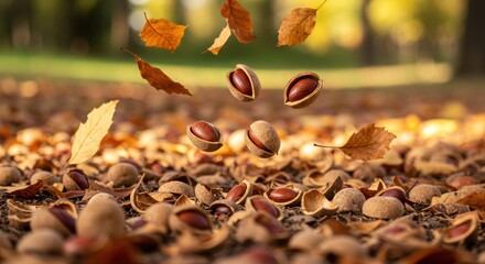 Autumn's bounty: A vibrant display of falling leaves and scattered hickory nuts