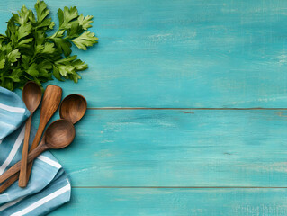 Wooden Spoons Parsley Teal Wood Background Illustration