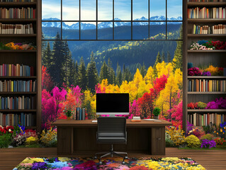 Autumnal Mountain View Office Illustration