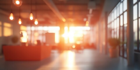 Blurred Modern Office Interior with Golden Sunset Light for Backgrounds