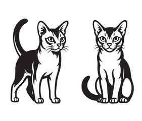 Obraz premium Vector illustration of Singapura cats in standing and sitting poses, black and white style, ideal for pet designs, logos, and feline-themed artwork.