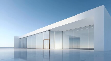 Obraz premium Modern minimalist building with glass facade under a clear blue sky