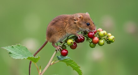 Charming harvest mouse delicately perched amidst colorful berries and foliage