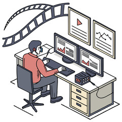 Video editor working on computer isometric illustration