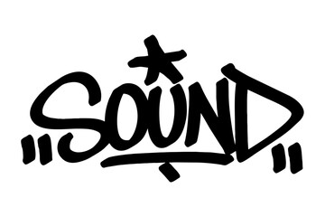Graffiti tag text "Sound" in bold black urban style with festive street vibes. Hand-drawn lettering with raw spray paint texture. Ideal for posters, merch, events, and edgy festival designs.
