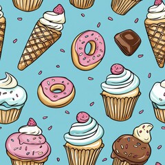 Colorful Pattern of Ice Creams, Donuts, and Cupcakes on Blue Background