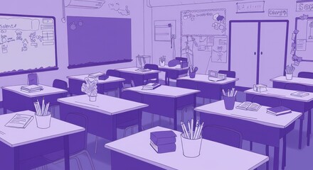 Classroom scene illustration conveying an ordered and welcoming learning space