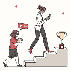 Women climbing steps towards trophy success achievement teamwork