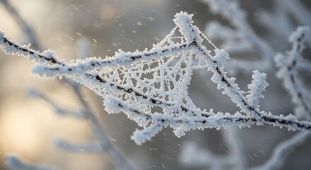 Frozen web of frost crystals on a branch, nature's delicate icy artistry
