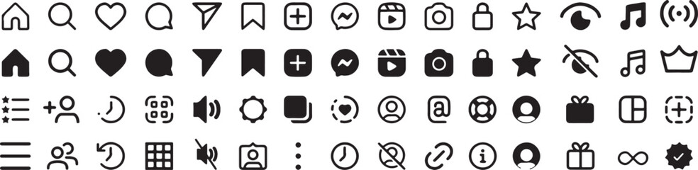 social media, icons, web icons, app icons, interface, ui, ux, design elements, black and white, outline, filled, home, search, heart, comment, share, bookmark, add, message, reels, 