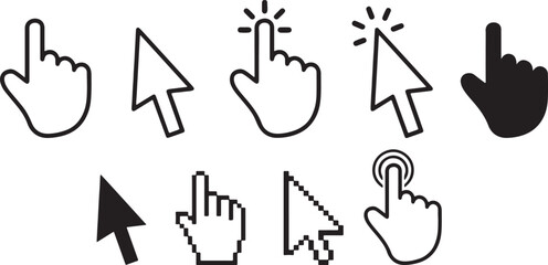 cursor, mouse, pointer, hand, touch, click, pointing, arrow, interface, digital, web, design, icon, ui, ux, graphic, element, vector, illustration, set, collection, isolated, white, black, modern