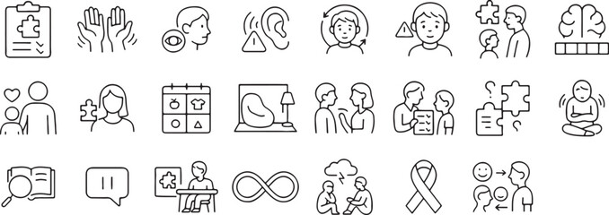 autism, autism spectrum, neurodiversity, awareness, support, symbol, icons, vector, line art, puzzle, communication, therapy, child, brain, diagnosis, medical, education, design, illustration, signs, 