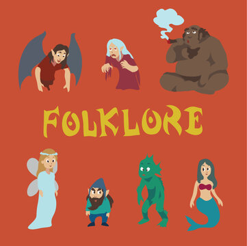 Philippine Halloween Folklore Creatures Vector Set &ndash; Manananggal, Kapre, diwata, aswang, mermaid, dwende, syokoy