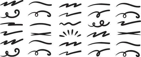 scribble, hand drawn, lines, swirls, underlines, design elements, black, ink, brush, strokes, doodles, vector, illustration, set, isolated, 