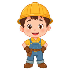 Adorable Cartoon Construction Worker Little Boy in Hard Hat and Overalls