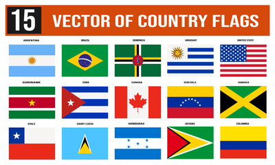 a set of 15 national flags with state name. flags of countries. vector stock illustration. isolated on a white background.