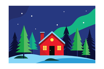 Cozy Winter Cabin Illustration A Night Under the Northern Lights