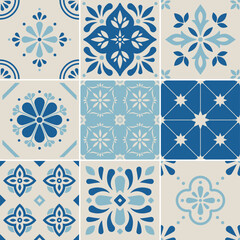 Blue and Aqua Floral Tile Pattern Set – Mediterranean Style Vector Design