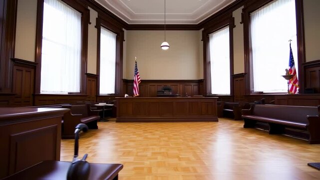 Empty courtroom interior with judge's bench, jury box and american flag waving
