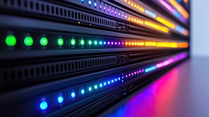 Multicolored LED lights illuminating server racks.