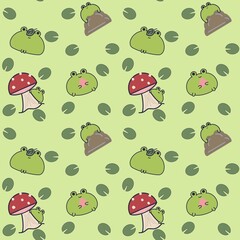 seamless pattern with mushrooms and little frog