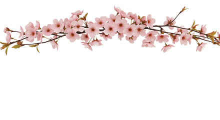Blooming Cherry Blossom Branch with Pink Flowers on a White Background