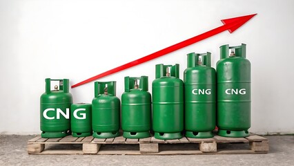 This powerful visual illustrates the escalating global demand and market growth for essential energy commodities like oil and CNG, depicted by a rising series of containers and a strong upward trend.