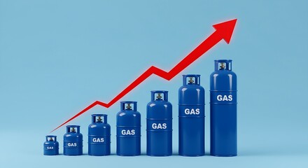 The rising arrangement of blue gas cylinders signifies robust market performance and a steady increase in energy commodity prices, perfect for communicating financial trends and investment opportuniti