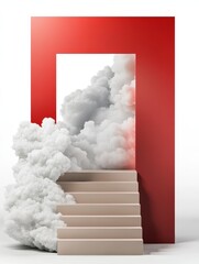 Red Doorway to Cloudy Stairs - Surreal 3D  of stairs leading into a doorway framed by a red wall, partially obscured by white smoke or clouds