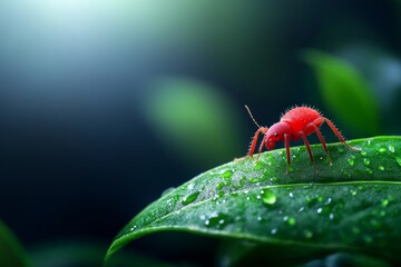 Red Insect on Dew-Covered Leaf - A vibrant red insect delicately walks across a lush green leaf, adorned with glistening dewdrops. Nature, detail, insect, macro, vibrant