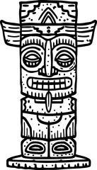 Fototapeta premium Tribal tiki statue illustration hand drawn polynesian totem design, bold black outline, cultural art symbol