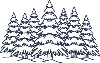 Fototapeta premium Snow covered evergreen pine trees in a winter forest hand drawn outline, dense woodland nature in cold season
