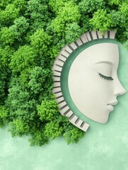 Serene Green Energy: A Vision of Nature's Embrace - A serene symbolizing peace, harmony, nature, renewal, and feminine energy. Green foliage envelops a stylized face, creating a tranquil atmosphere