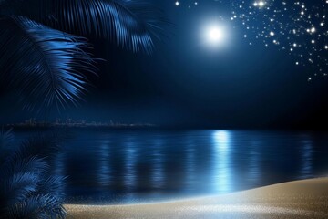 Serene Night on Tropical Beach - Tranquil beach scene at night, illuminated by a bright moon and stars, palm leaves in the foreground