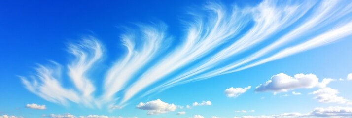 Serene Sky: Wispy Clouds and Azure Blue - Peaceful, ethereal, tranquil, bright, airy. A vast blue sky filled with delicate, wispy clouds evokes a sense of serenity and freedom