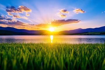 Serene Sunset Over Calm Lake - Peaceful sunset scene over a tranquil lake, mountains in the background, grass in the foreground
