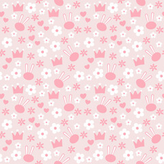 Cute Bunny and Floral Seamless Pattern with Pink Crowns – Girly Vector Background for Kids