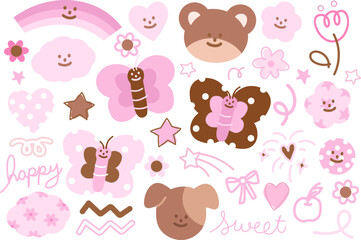 Pink and brown illustrations of teddy bear, butterfly, puppy, flowers, heart, cherry, ribbon, rainbow, cloud, star for cartoon character, sticker, animals, nature, garden, girly stickers, patch, icons
