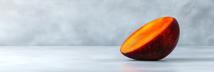 Sliced Mango on Light Gray Background - Half a mango rests on a light gray surface, its vibrant orange flesh contrasting with the dark purple skin. Minimalist food